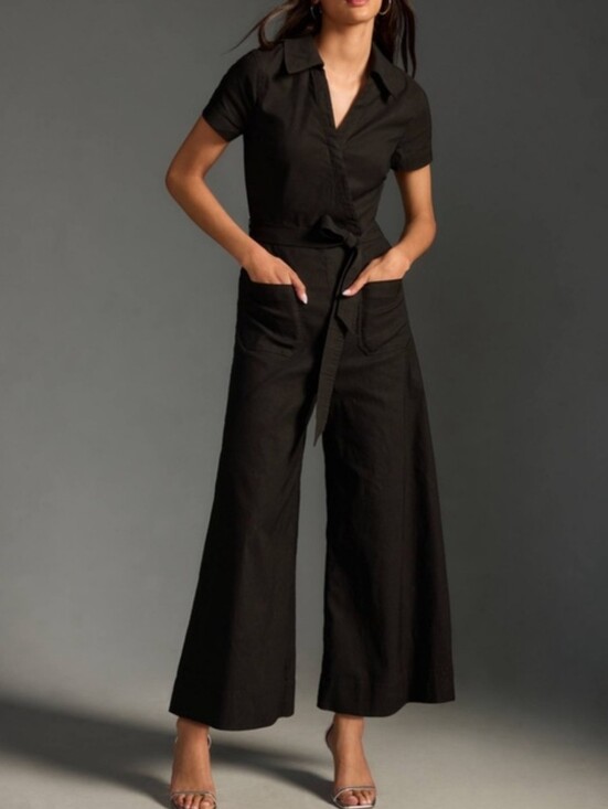Anthropologie Pants - Anthropologie Maeve The Colette Wide Leg Wrap Jumpsuit In Black Magic Fabric